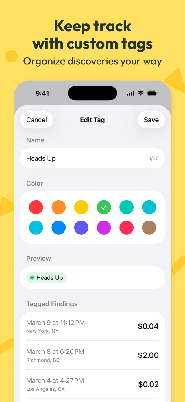 Custom color-coded tags for organizing finds